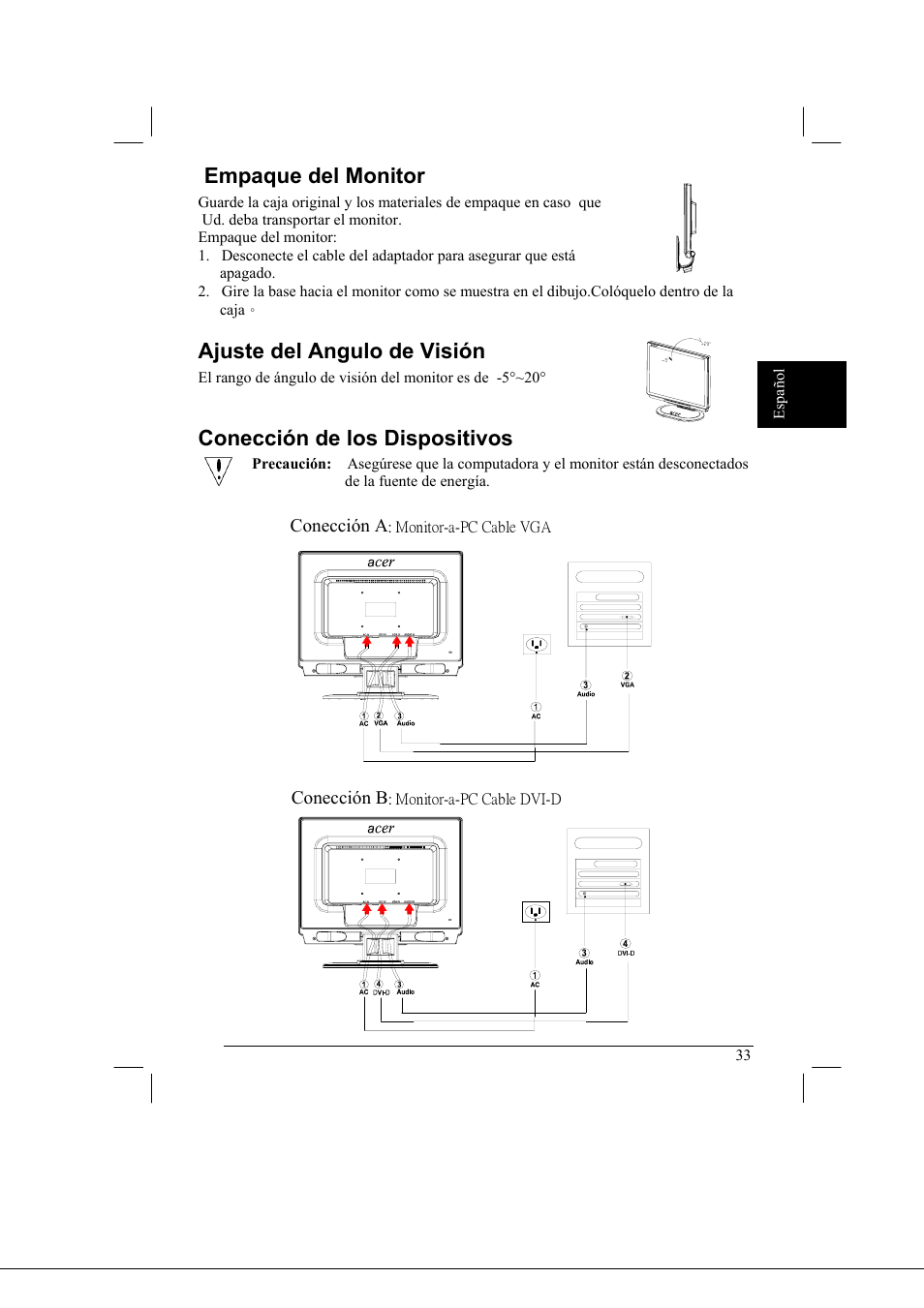 Empaque del monitor, Ajuste del angulo de visión, Conección de los dispositivos | Acer AL2021 User Manual | Page 33 / 130