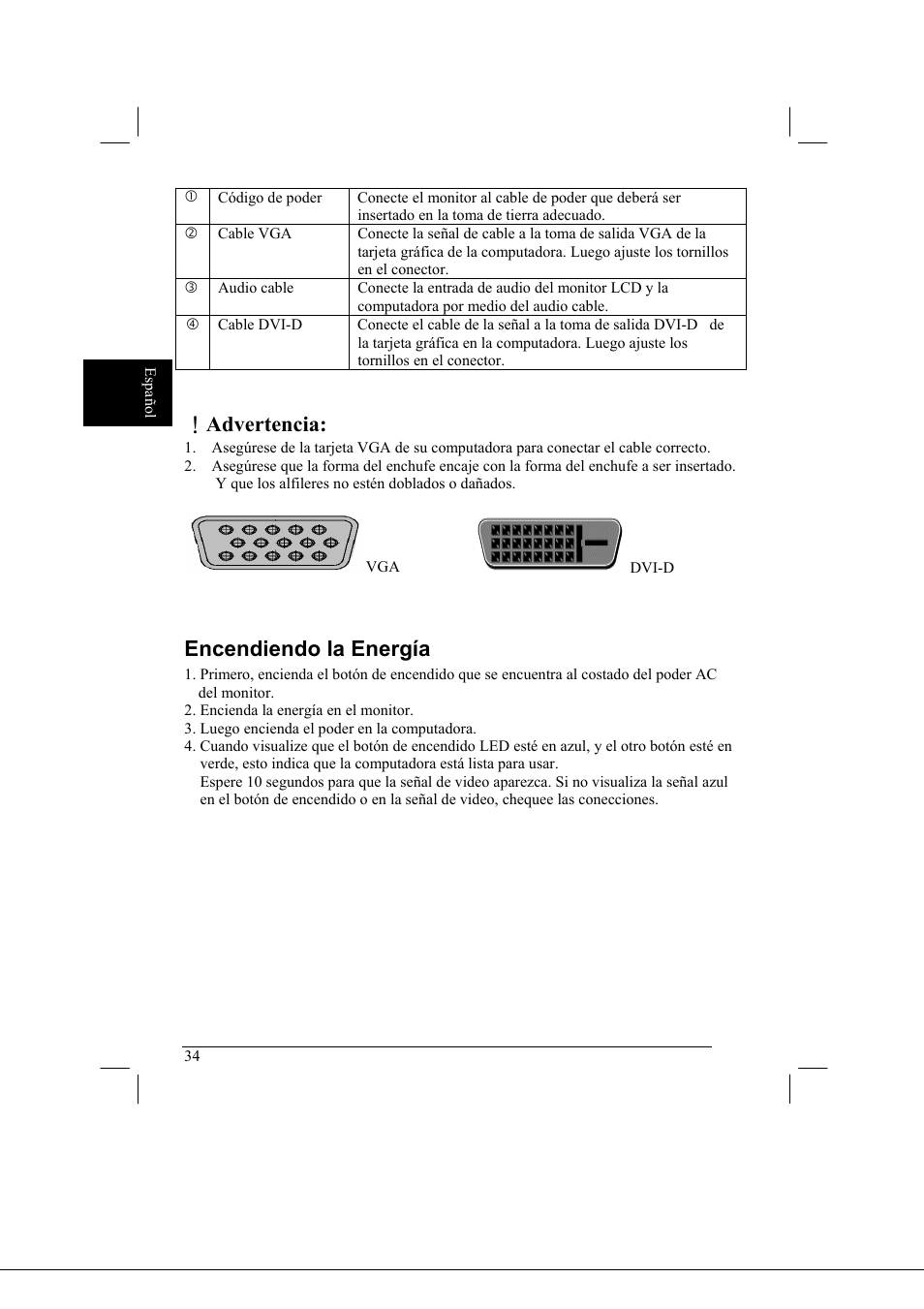 Advertencia, Encendiendo la energía | Acer AL2021 User Manual | Page 34 / 130