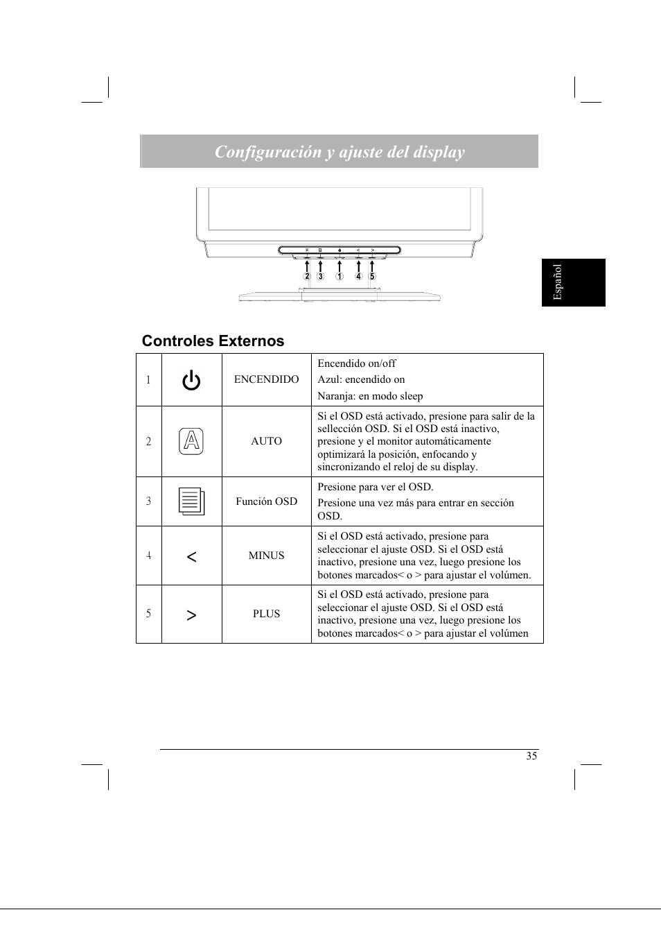 Configuración y ajuste del display, Controles externos | Acer AL2021 User Manual | Page 35 / 130