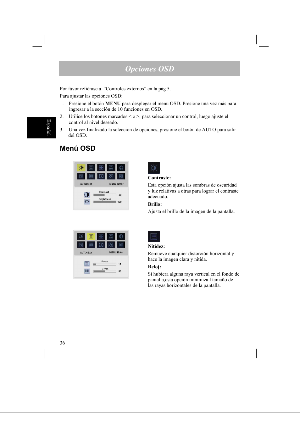 Opciones osd, Menú osd | Acer AL2021 User Manual | Page 36 / 130