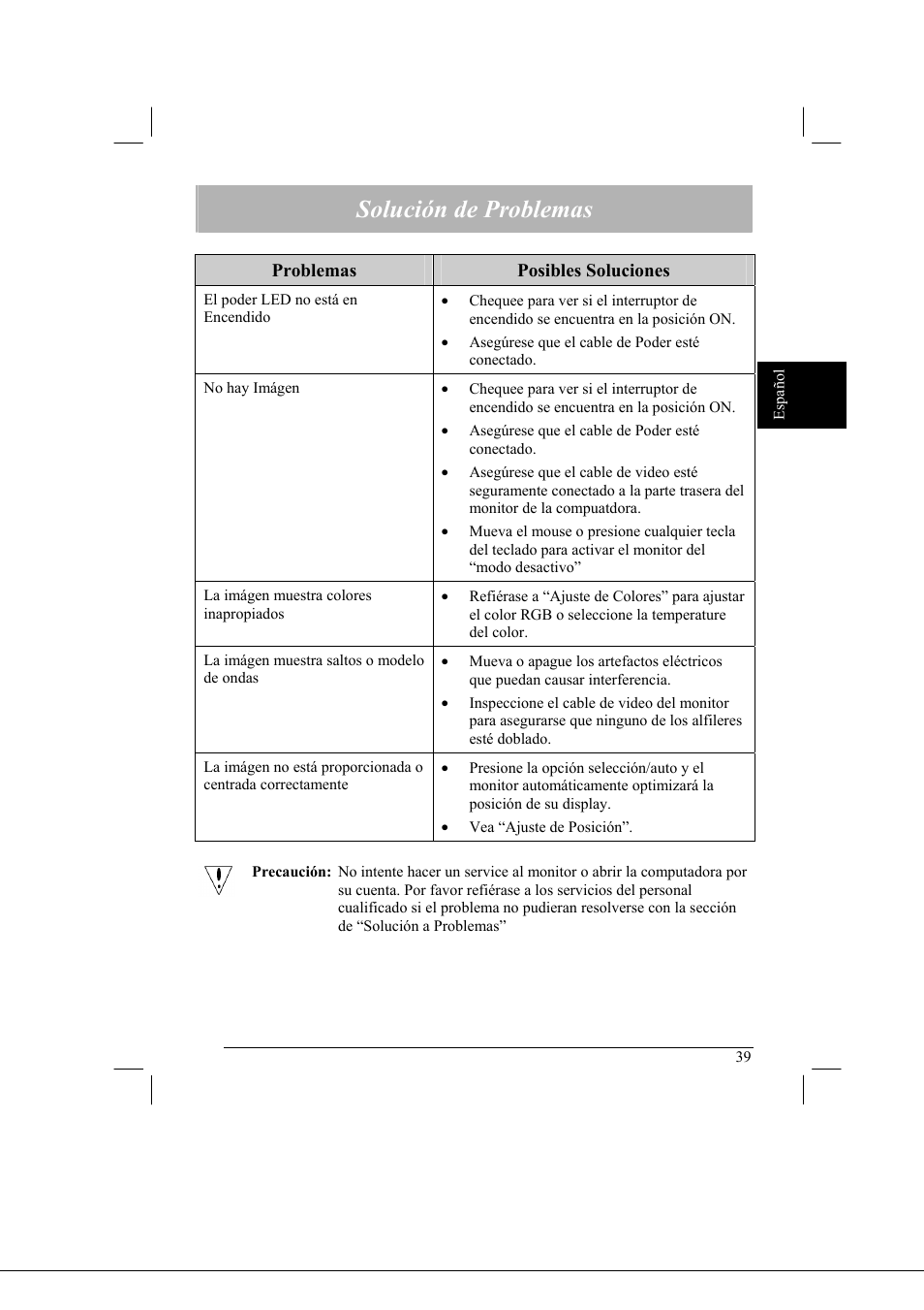 Solución de problemas | Acer AL2021 User Manual | Page 39 / 130