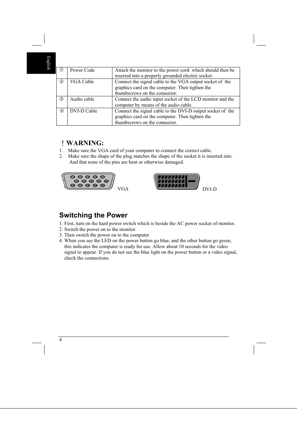 Warning, Switching the power | Acer AL2021 User Manual | Page 4 / 130