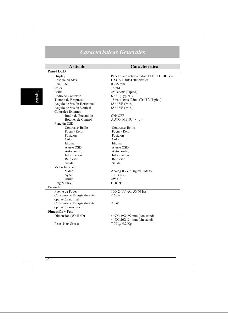 Características generales, Artículo característica | Acer AL2021 User Manual | Page 40 / 130