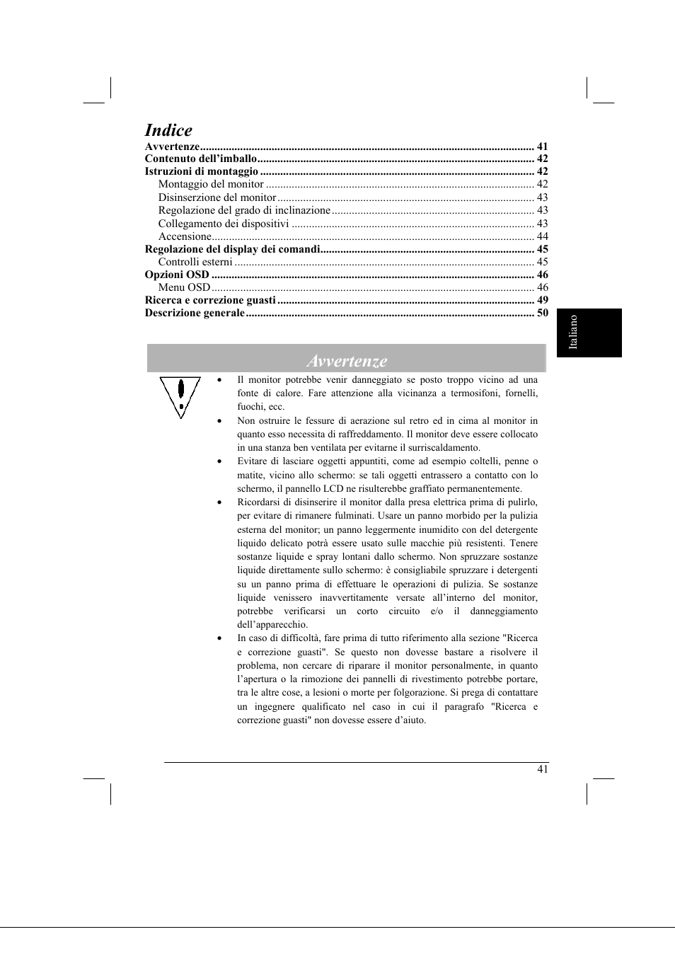 Indice, Avvertenze | Acer AL2021 User Manual | Page 41 / 130