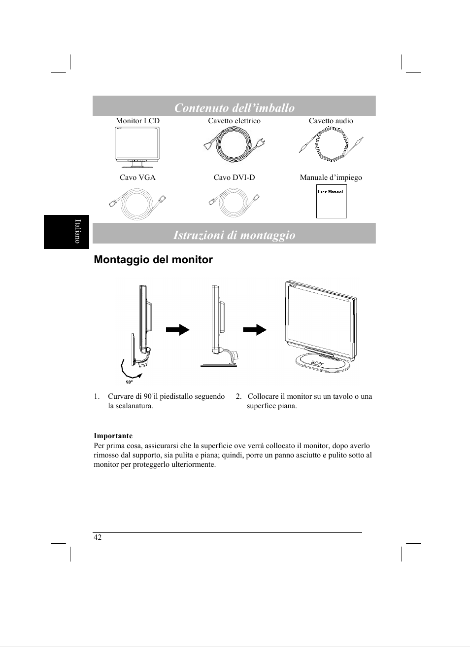 Contenuto dell’imballo, Istruzioni di montaggio, Montaggio del monitor | Acer AL2021 User Manual | Page 42 / 130