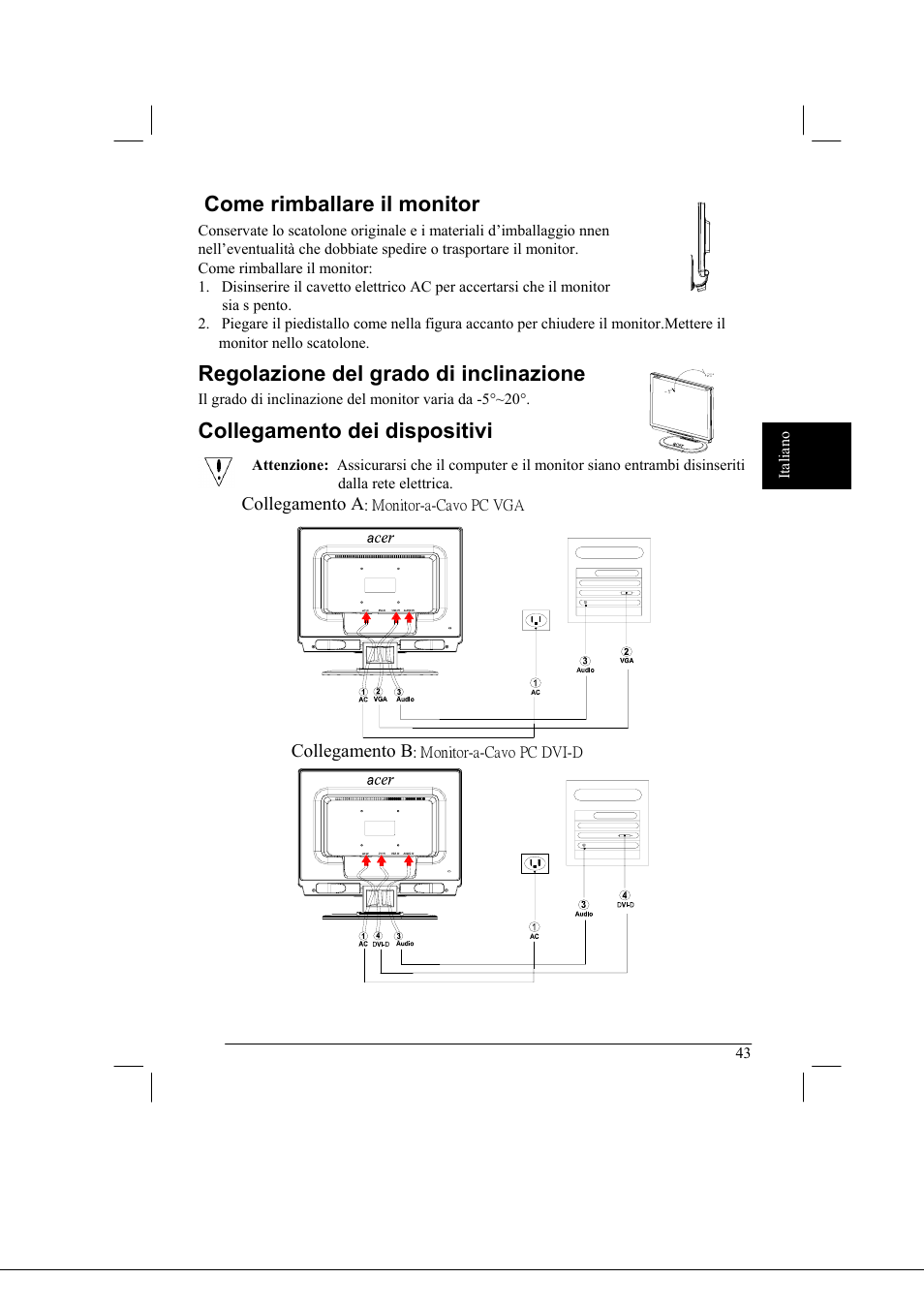Come rimballare il monitor, Regolazione del grado di inclinazione, Collegamento dei dispositivi | Acer AL2021 User Manual | Page 43 / 130