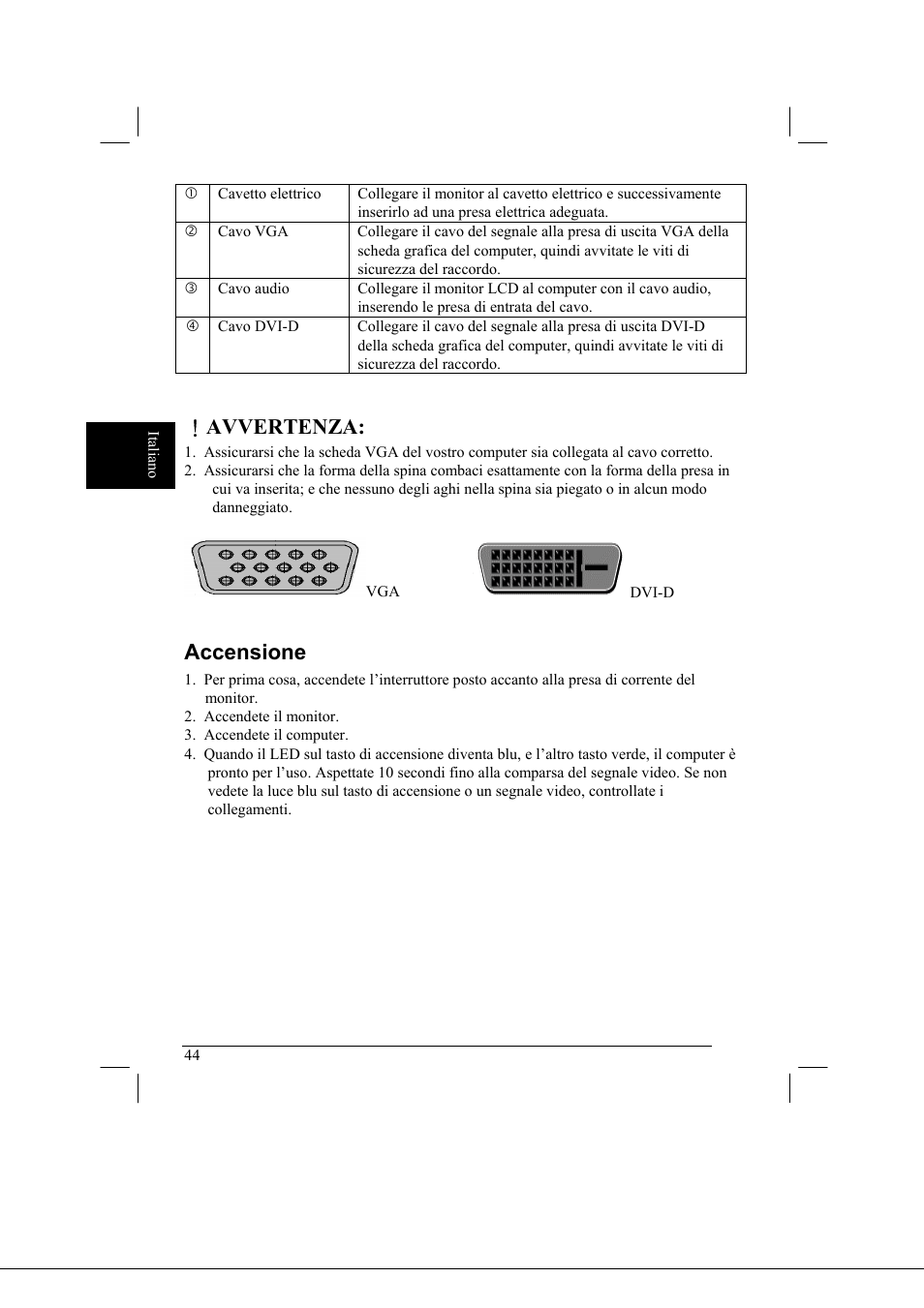Avvertenza, Accensione | Acer AL2021 User Manual | Page 44 / 130