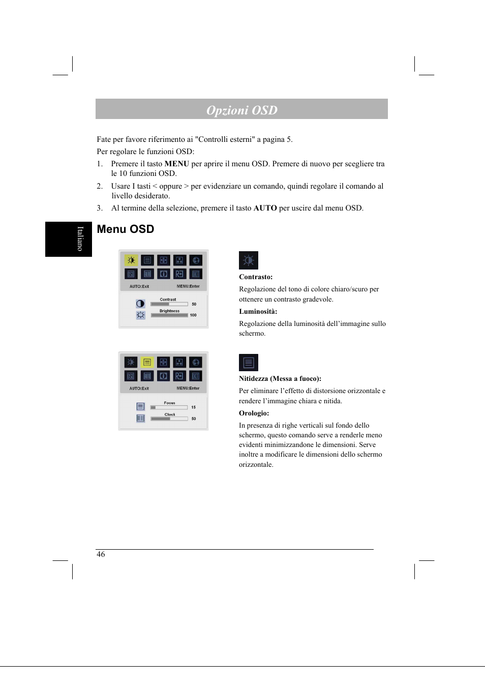 Opzioni osd, Menu osd | Acer AL2021 User Manual | Page 46 / 130