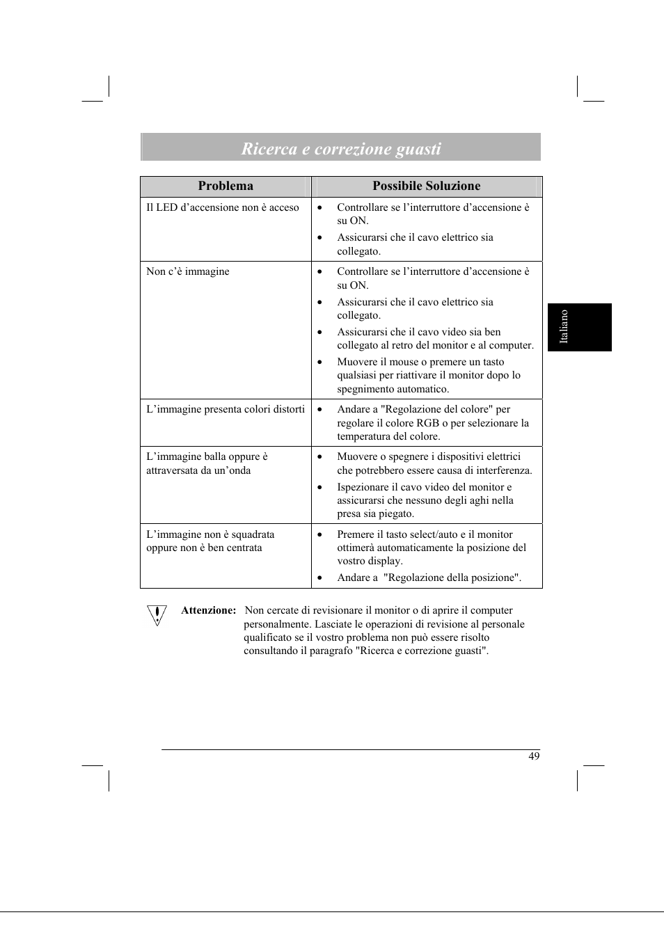 Ricerca e correzione guasti | Acer AL2021 User Manual | Page 49 / 130