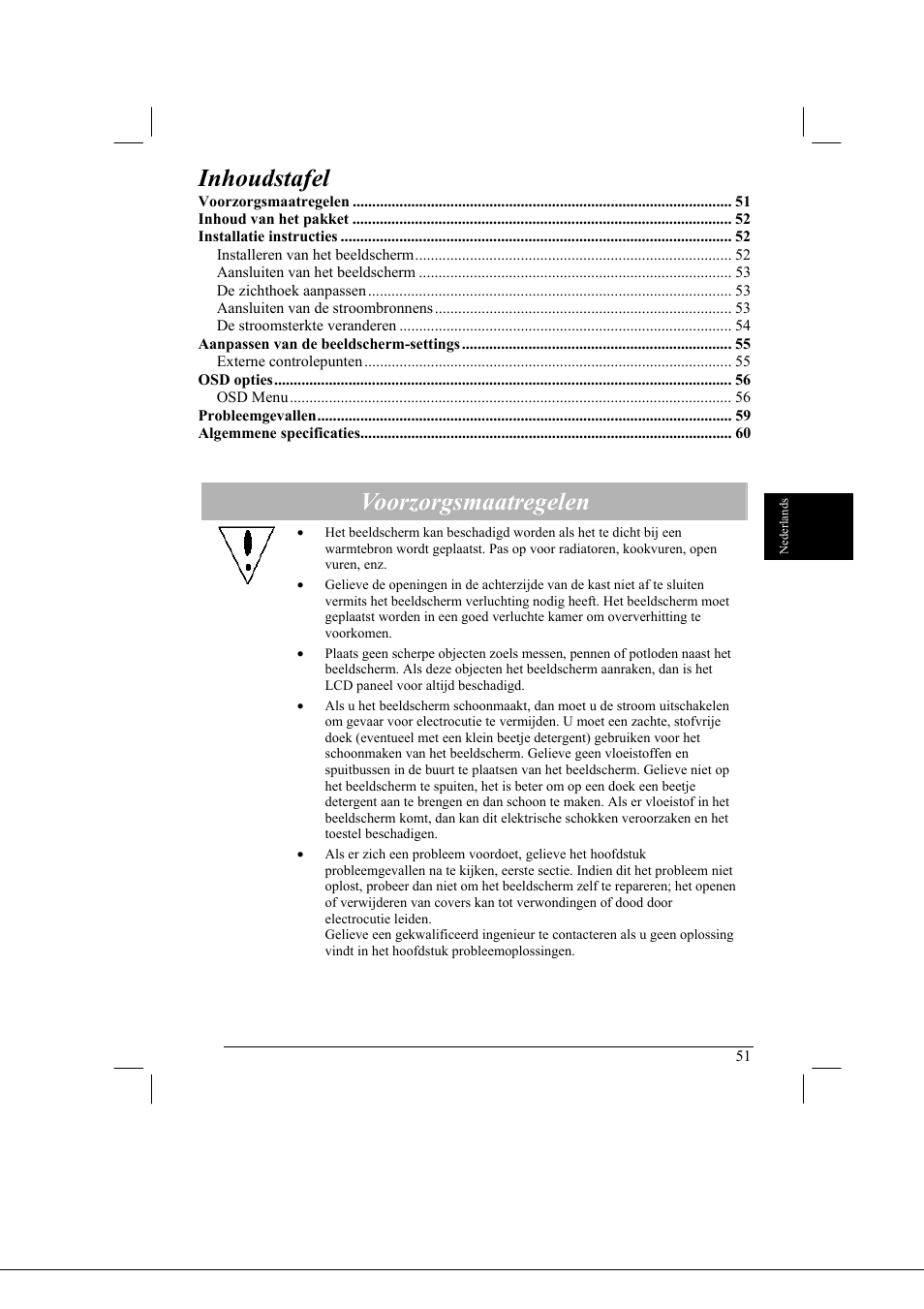 Inhoudstafel, Voorzorgsmaatregelen | Acer AL2021 User Manual | Page 51 / 130