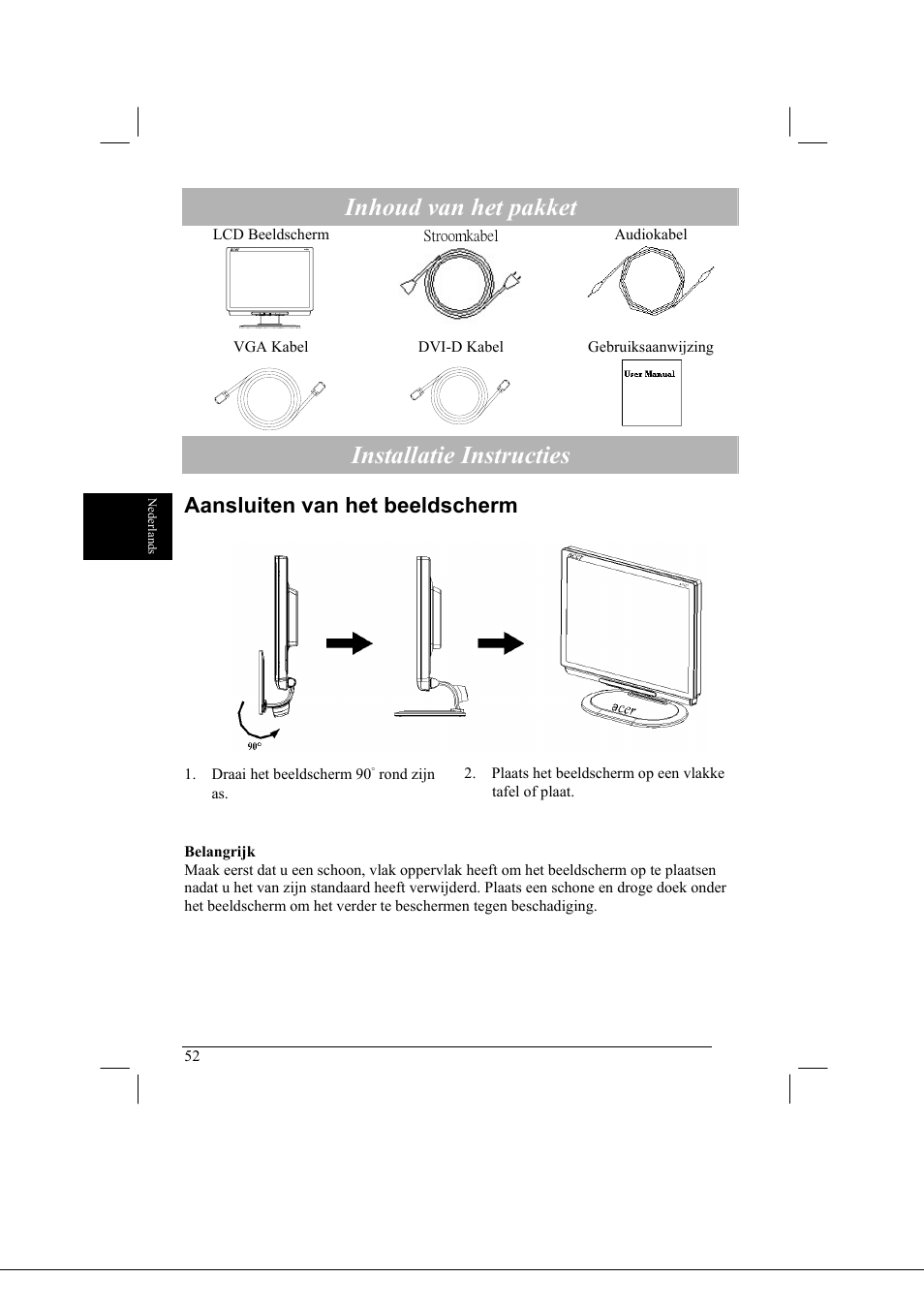 Inhoud van het pakket, Installatie instructies, Aansluiten van het beeldscherm | Acer AL2021 User Manual | Page 52 / 130