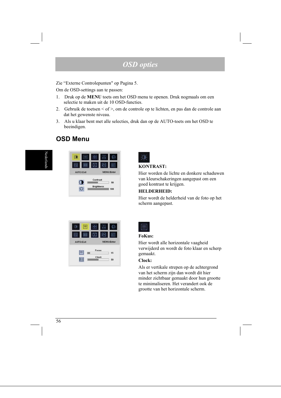 Osd opties, Osd menu | Acer AL2021 User Manual | Page 56 / 130