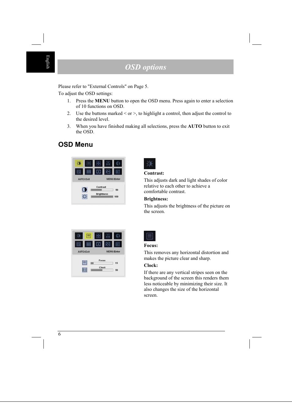 Osd options, Osd menu | Acer AL2021 User Manual | Page 6 / 130