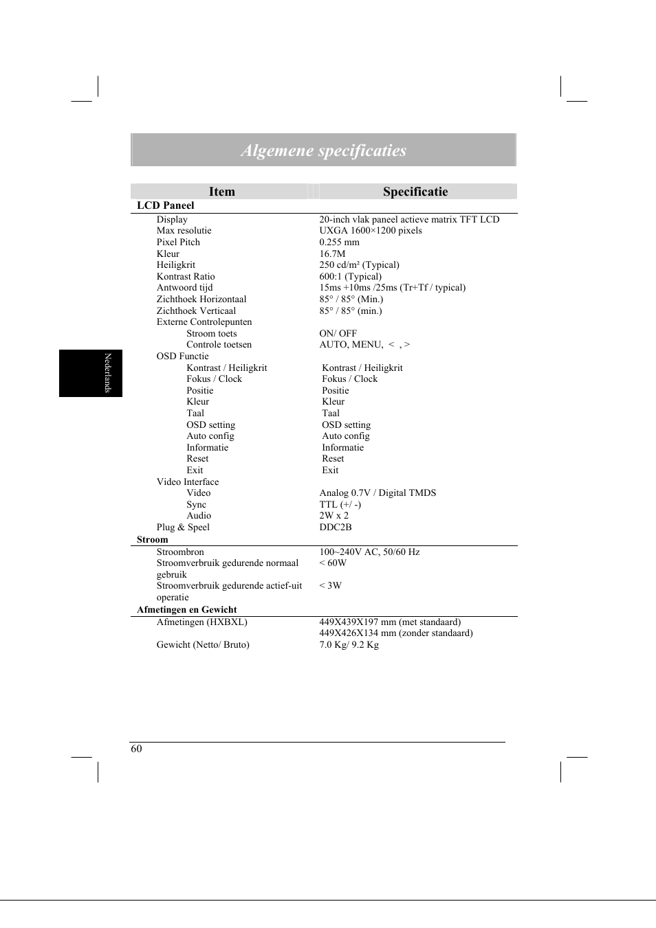 Algemene specificaties, Item specificatie | Acer AL2021 User Manual | Page 60 / 130