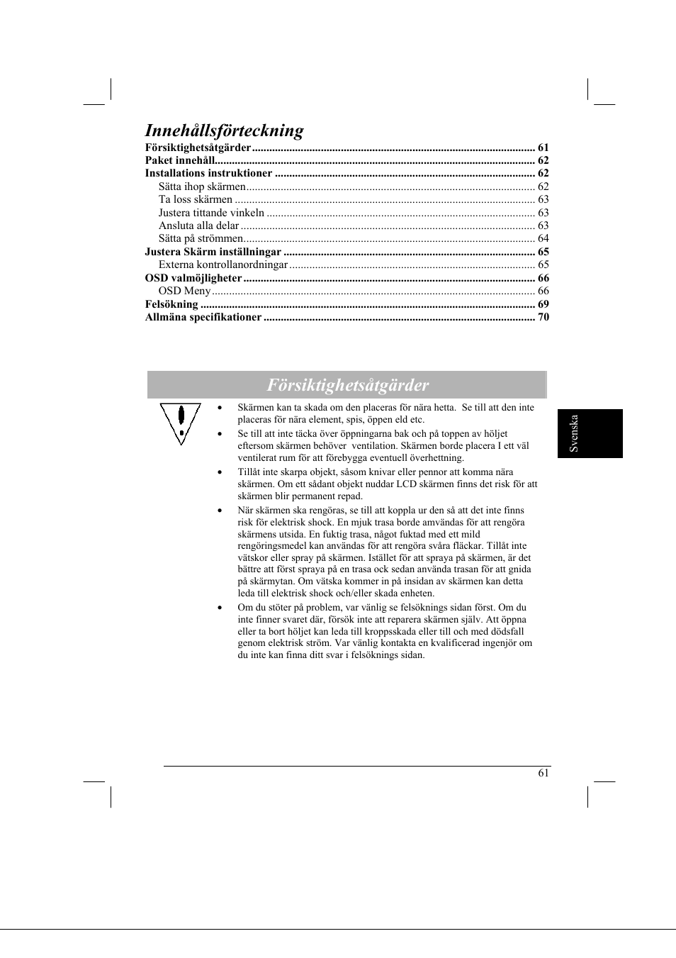 Innehållsförteckning, Försiktighetsåtgärder | Acer AL2021 User Manual | Page 61 / 130