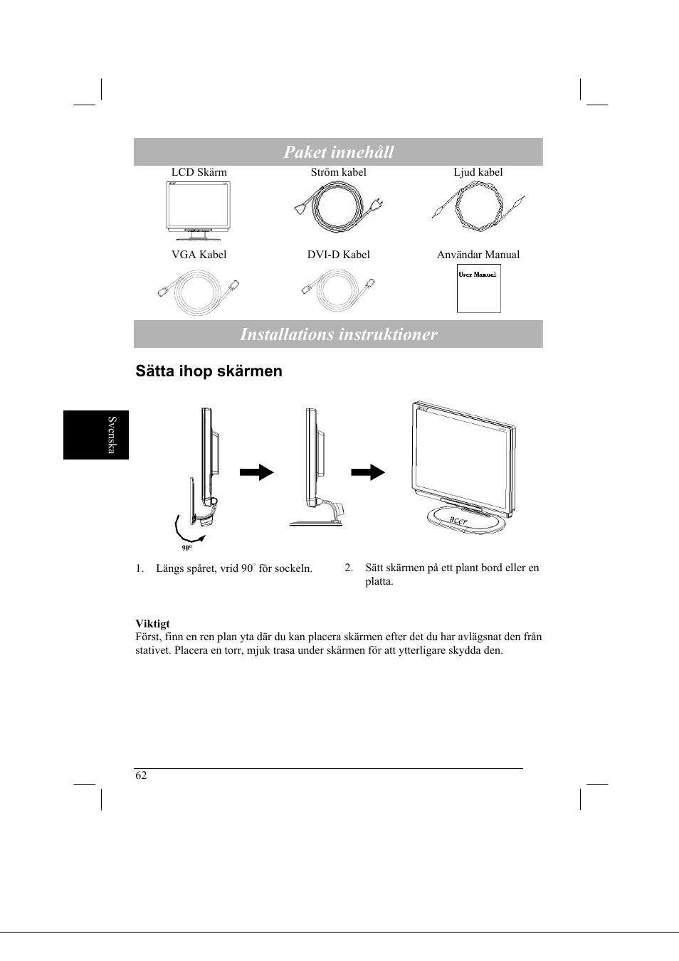 Paket innehåll, Installations instruktioner, Sätta ihop skärmen | Acer AL2021 User Manual | Page 62 / 130