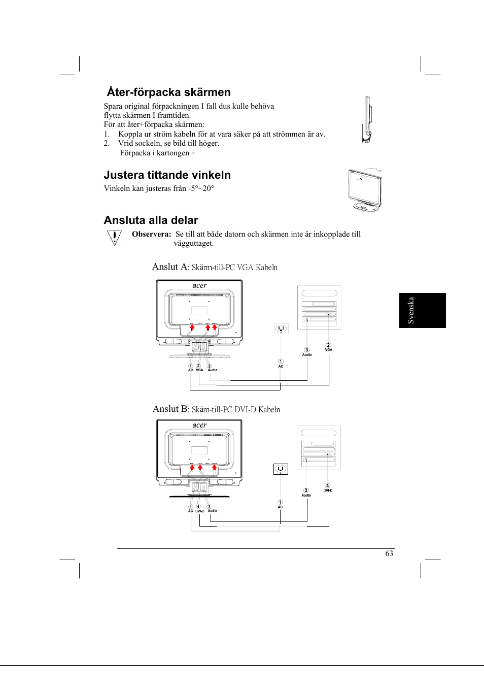 Åter-förpacka skärmen, Justera tittande vinkeln, Ansluta alla delar | Acer AL2021 User Manual | Page 63 / 130