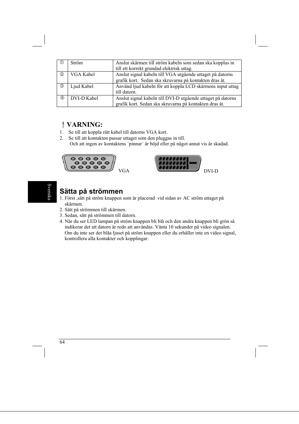 Varning, Sätta på strömmen | Acer AL2021 User Manual | Page 64 / 130