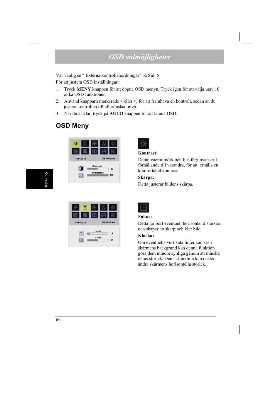 Osd valmöjligheter, Osd meny | Acer AL2021 User Manual | Page 66 / 130