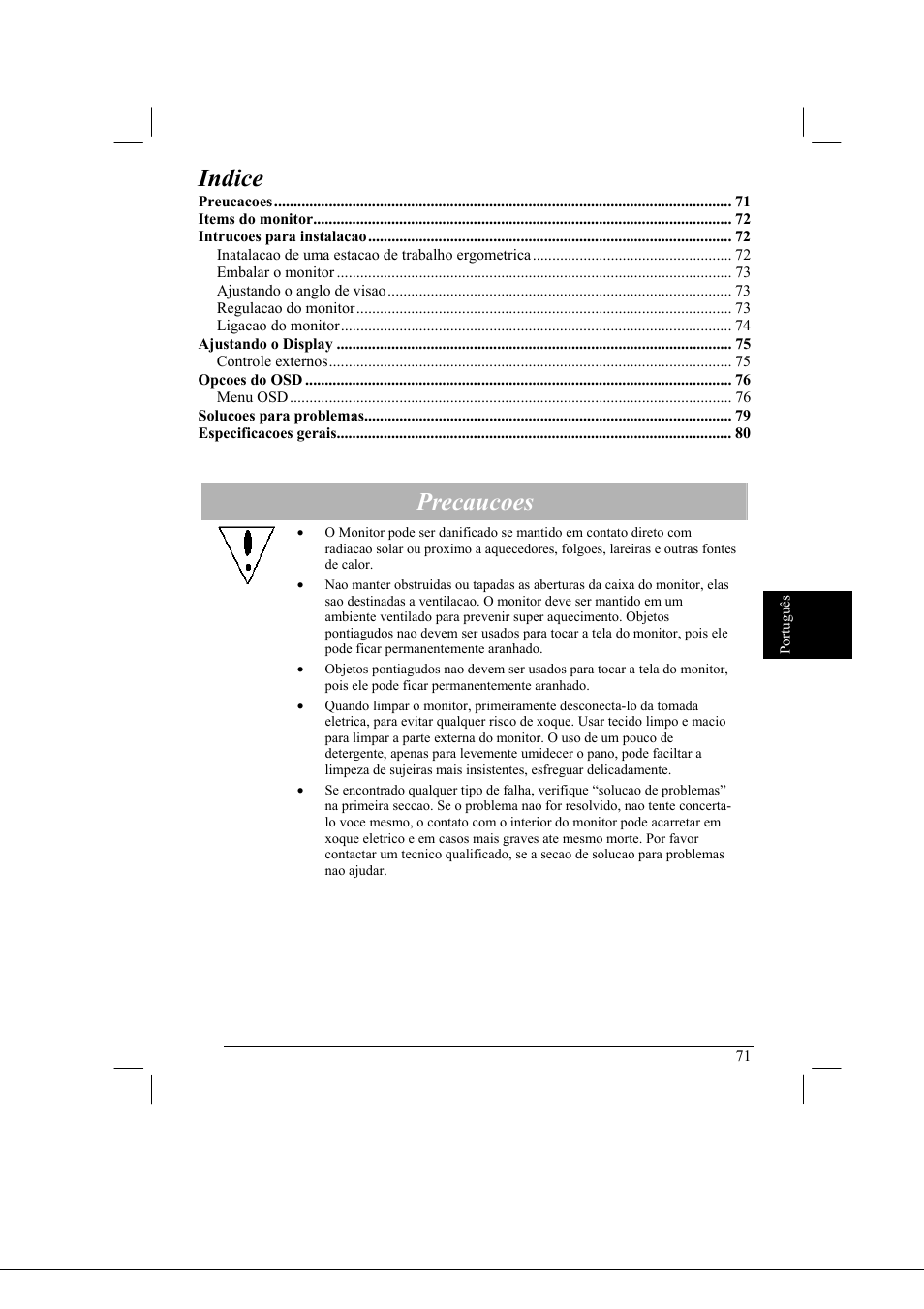 Indice, Precaucoes | Acer AL2021 User Manual | Page 71 / 130