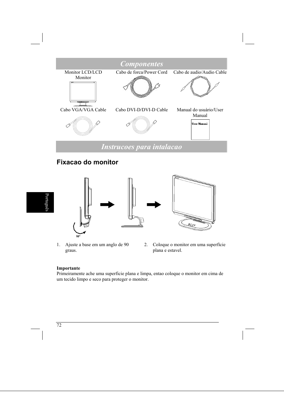 Componentes, Instrucoes para intalacao, Fixacao do monitor | Acer AL2021 User Manual | Page 72 / 130