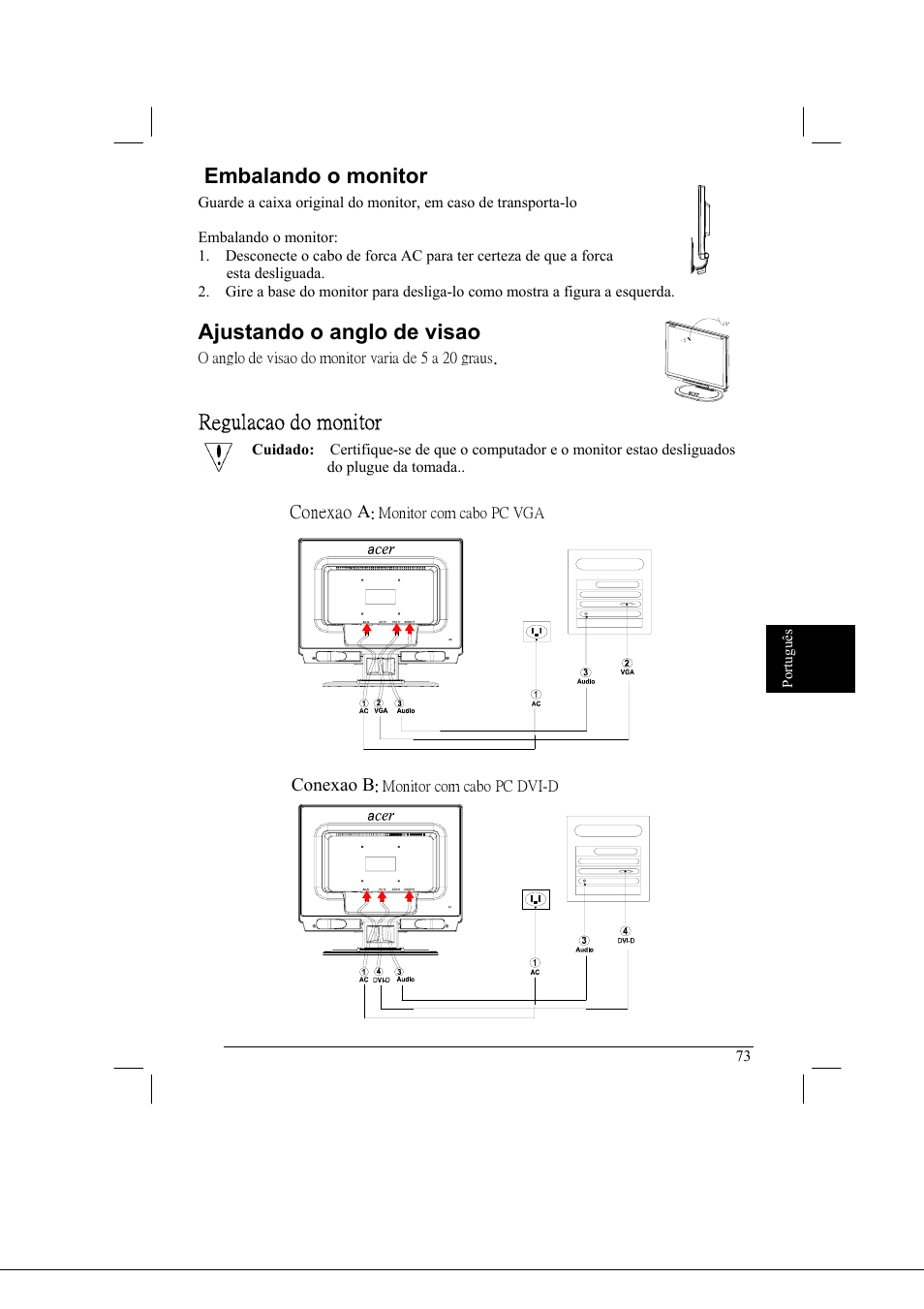 Embalando o monitor, Ajustando o anglo de visao, Regulacao do monitor | Acer AL2021 User Manual | Page 73 / 130