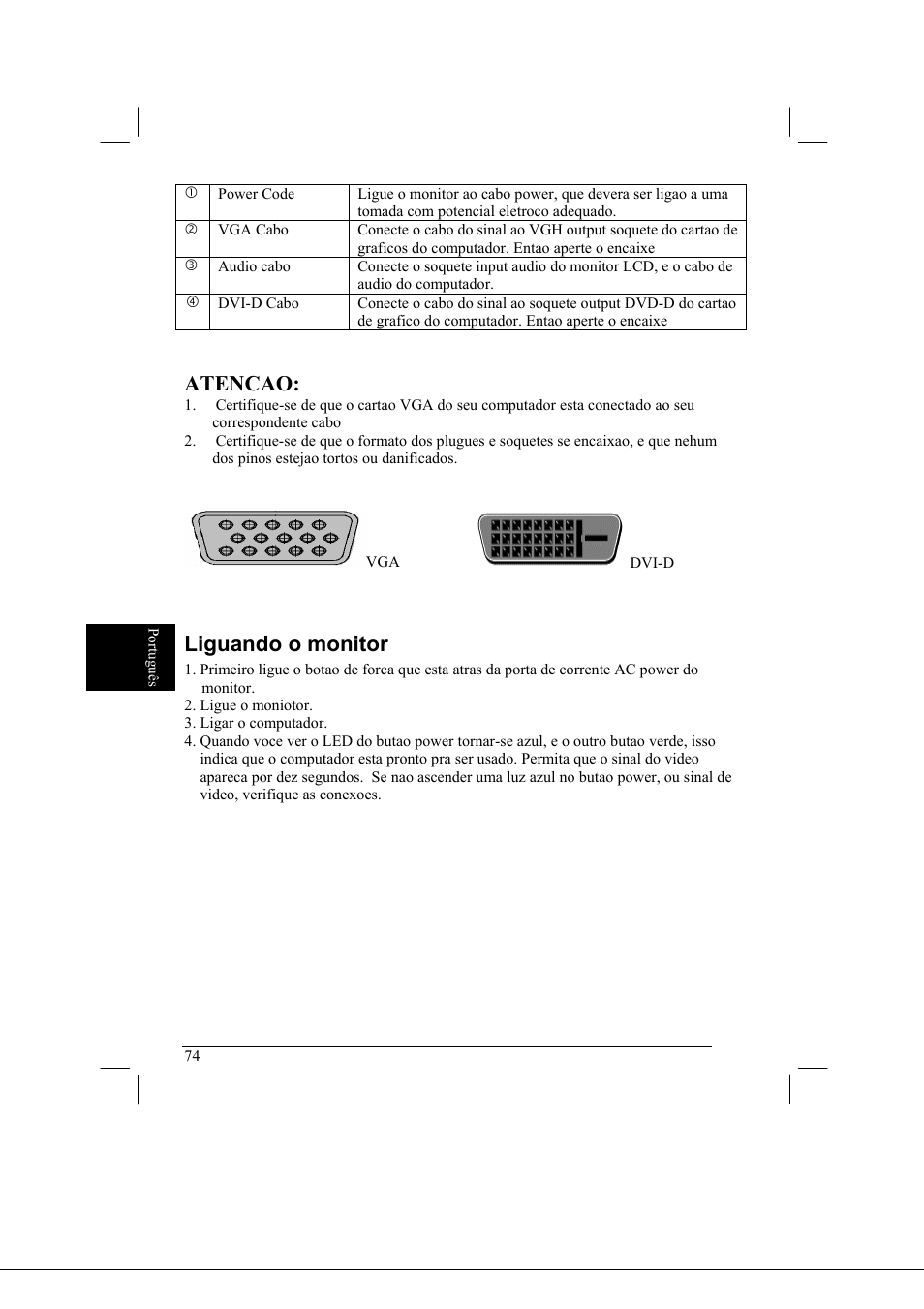 Atencao, Liguando o monitor | Acer AL2021 User Manual | Page 74 / 130