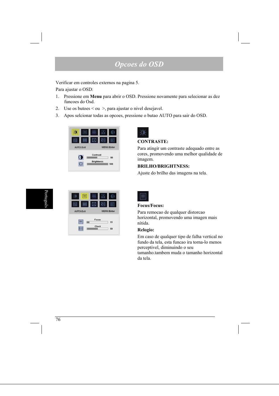 Opcoes do osd | Acer AL2021 User Manual | Page 76 / 130