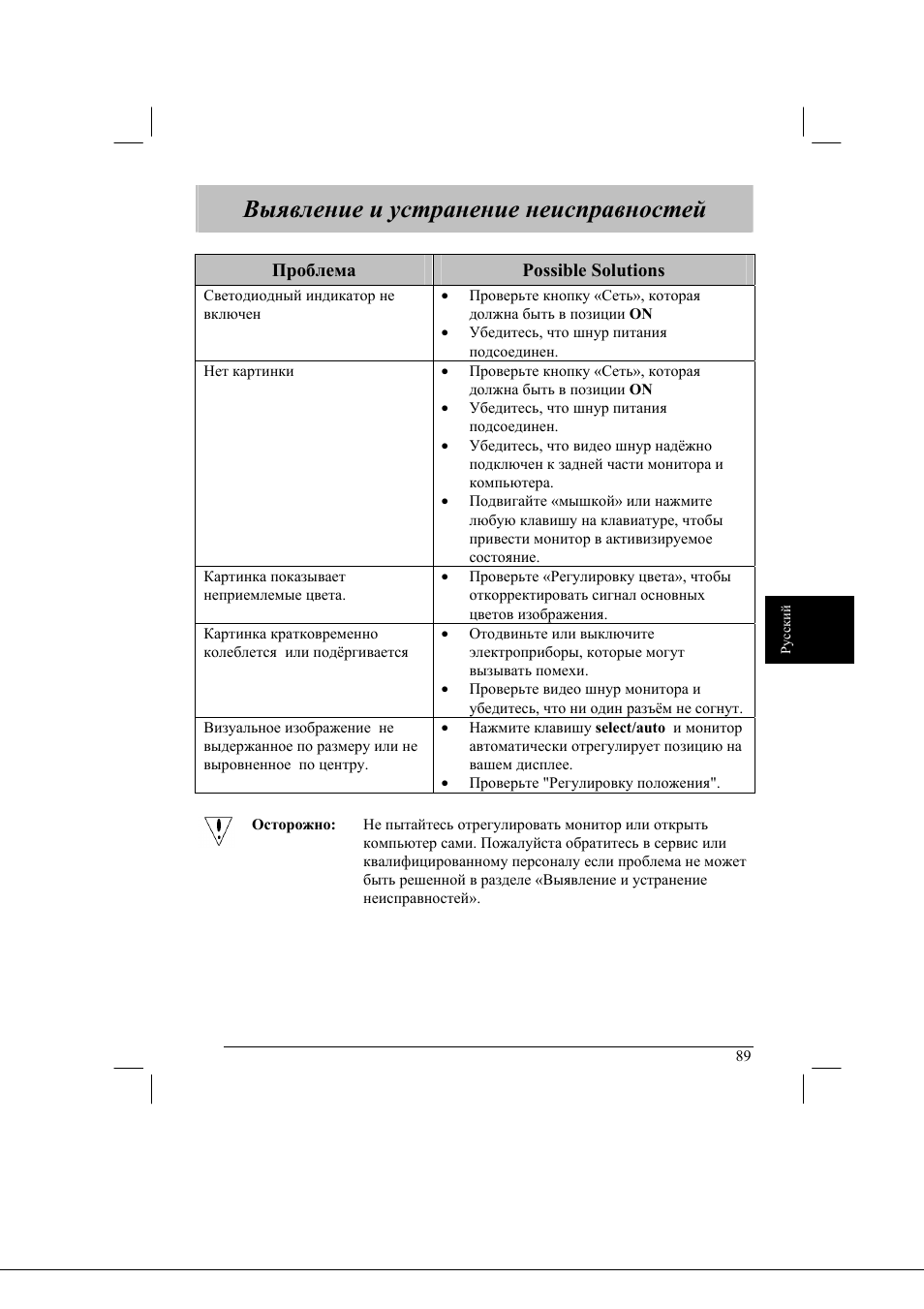 Выявление и устранение неисправностей | Acer AL2021 User Manual | Page 89 / 130