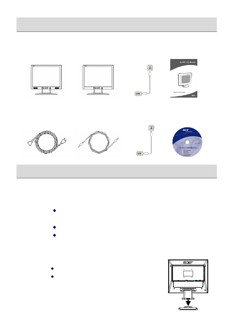Components and accessories, Usage | Acer AL1917C User Manual | Page 3 / 10