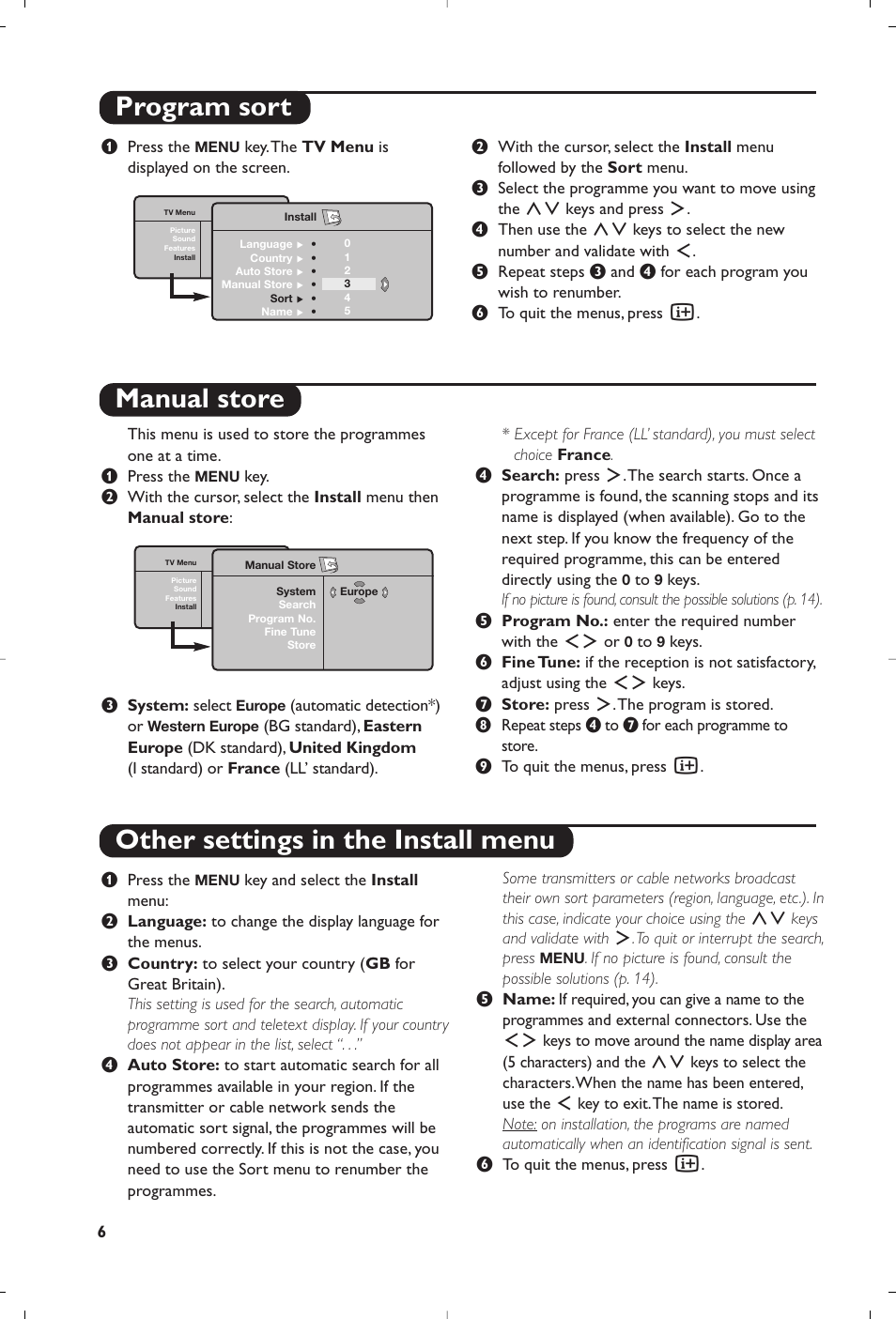 Manual store other settings in the install menu, Program sort | Philips Téléviseur à écran large User Manual | Page 10 / 62