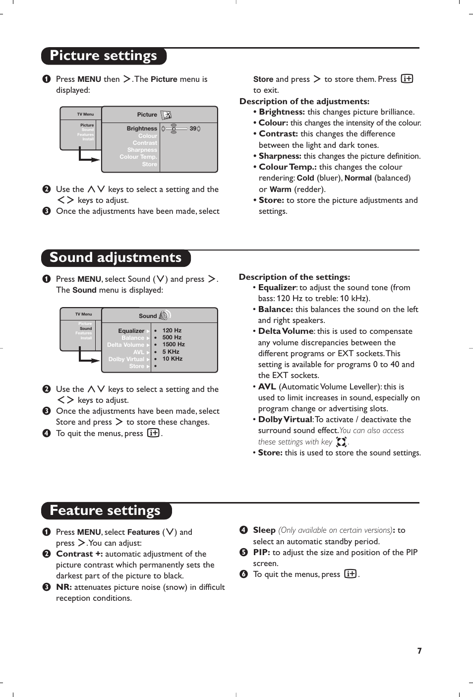 Picture settings sound adjustments, Feature settings | Philips Téléviseur à écran large User Manual | Page 11 / 62