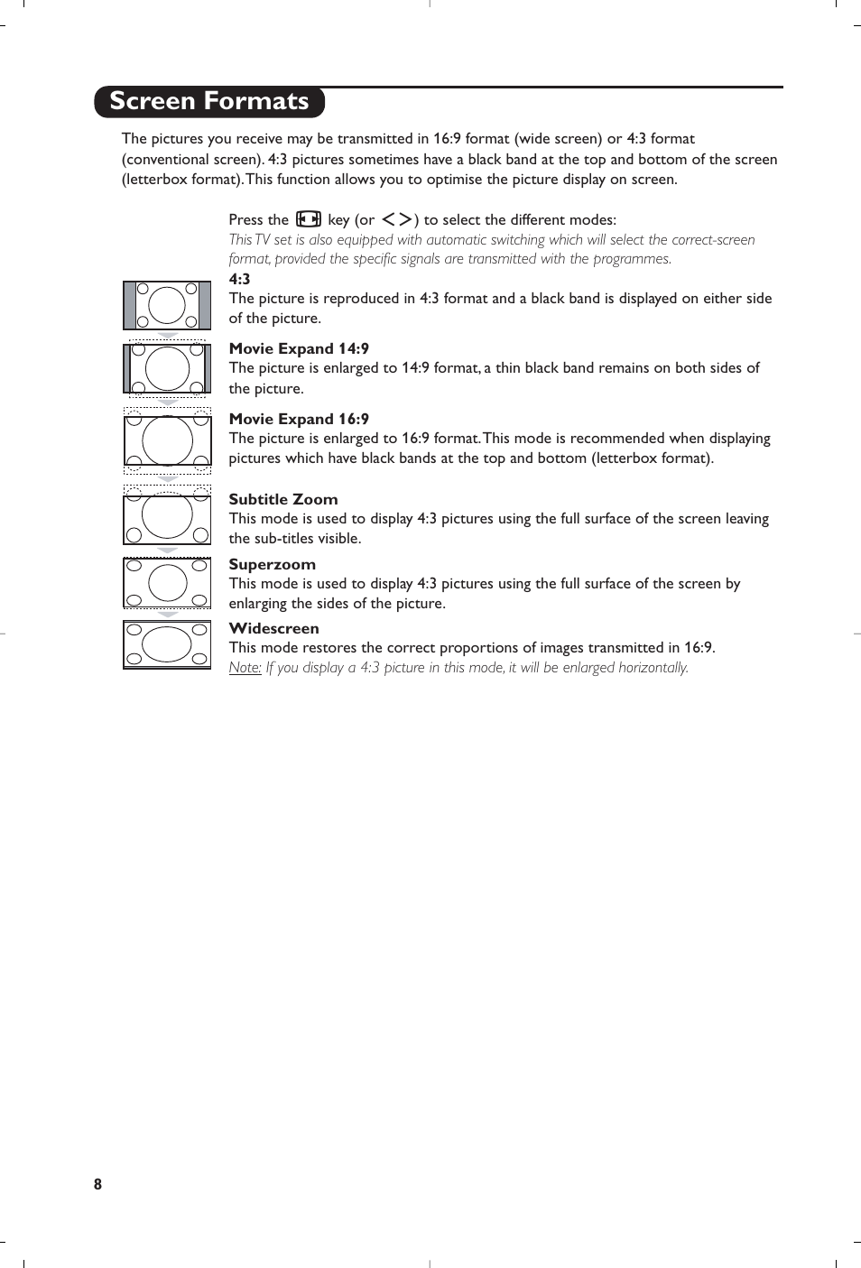 Screen formats | Philips Téléviseur à écran large User Manual | Page 12 / 62