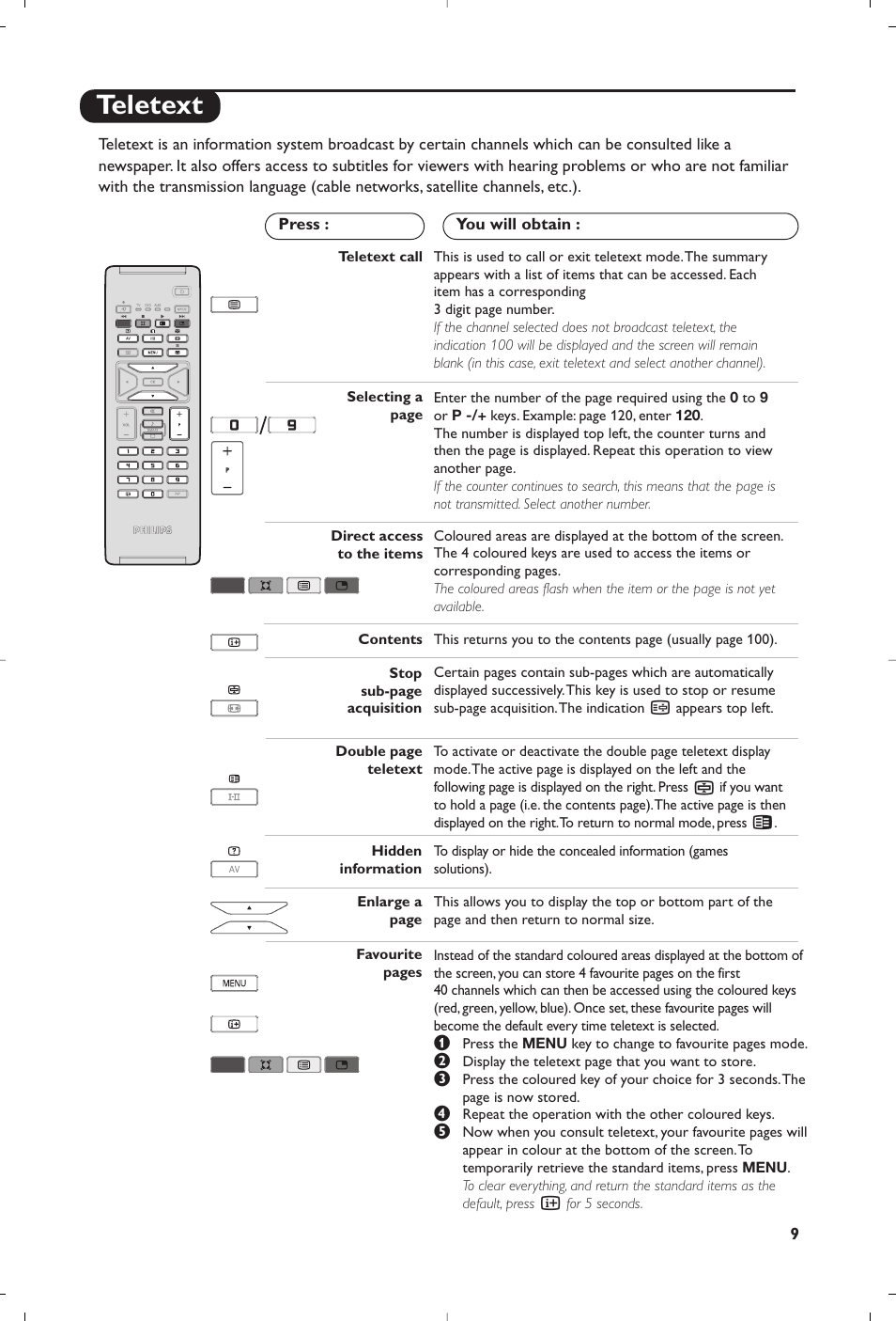 Teletext | Philips Téléviseur à écran large User Manual | Page 13 / 62