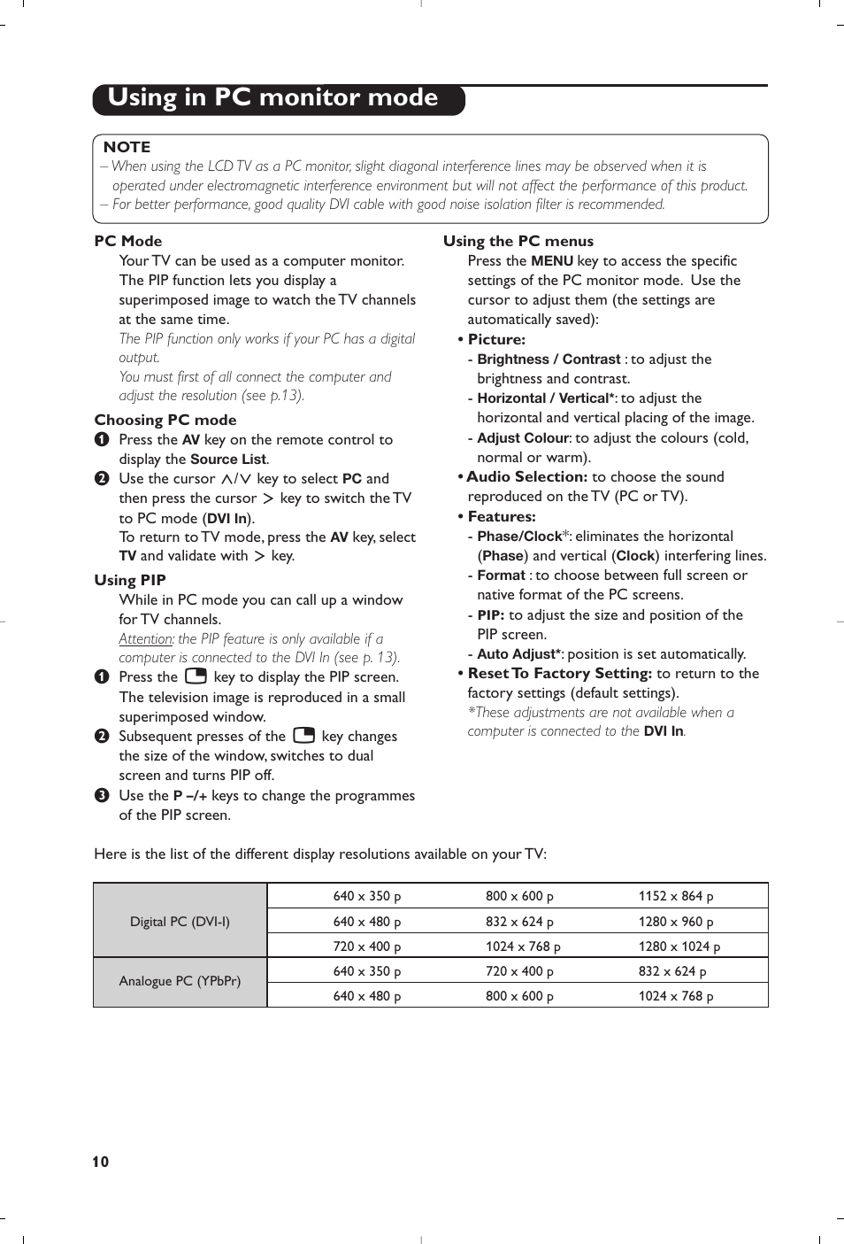 Using in pc monitor mode | Philips Téléviseur à écran large User Manual | Page 14 / 62