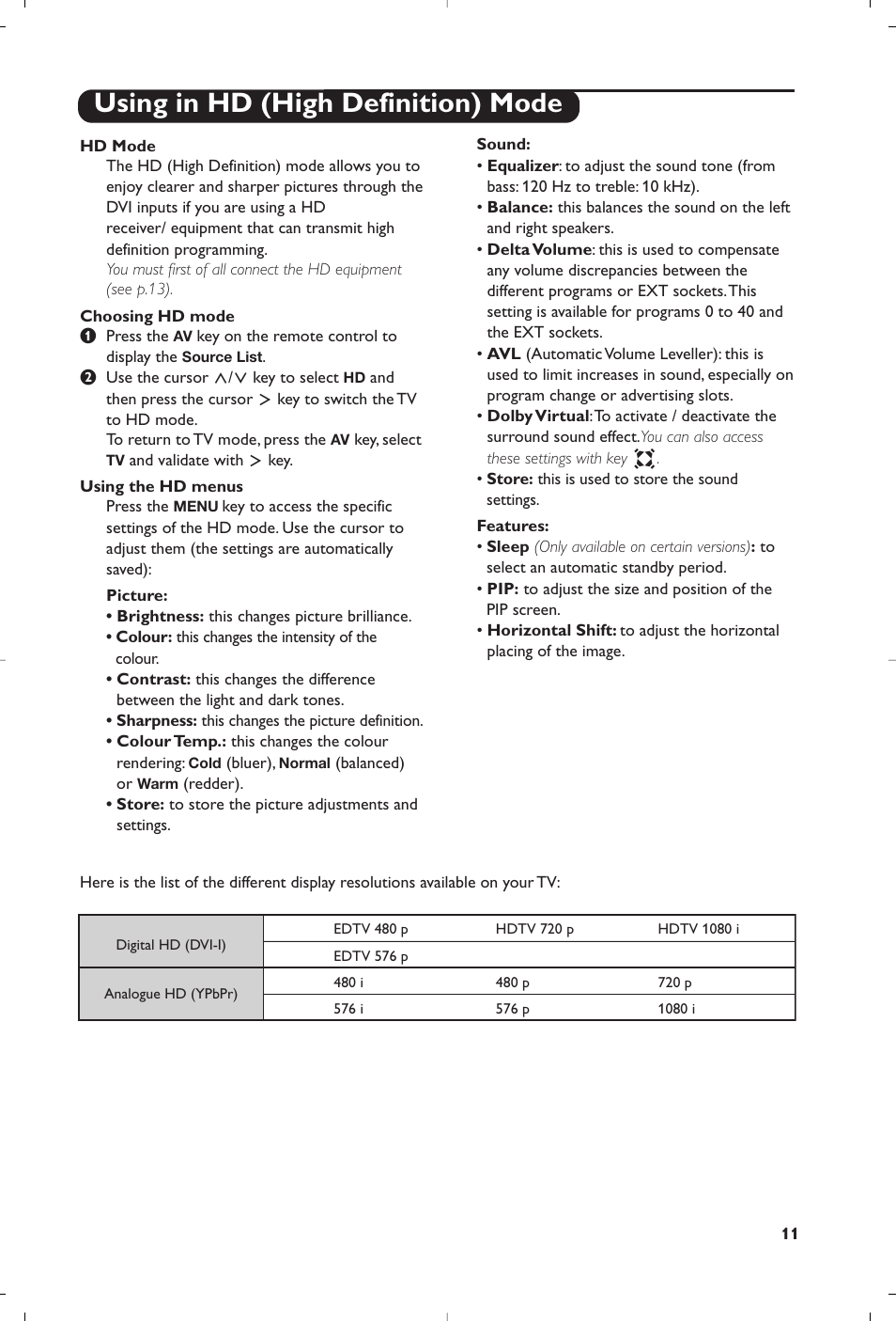 Using in hd (high definition) mode | Philips Téléviseur à écran large User Manual | Page 15 / 62