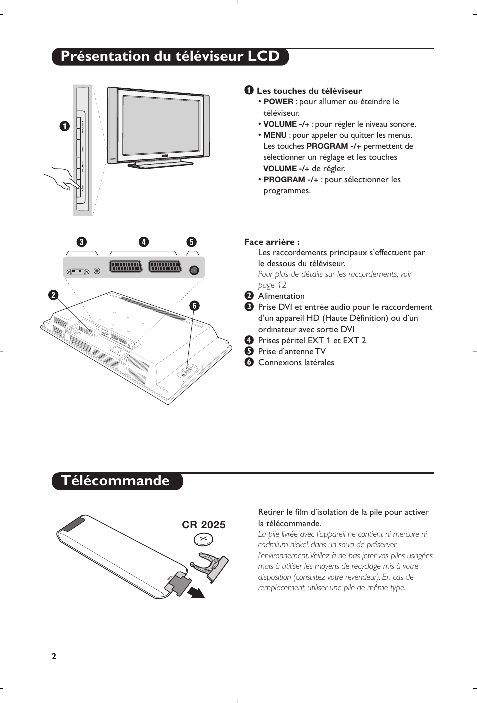 Présentation du téléviseur lcd télécommande | Philips Téléviseur à écran large User Manual | Page 20 / 62