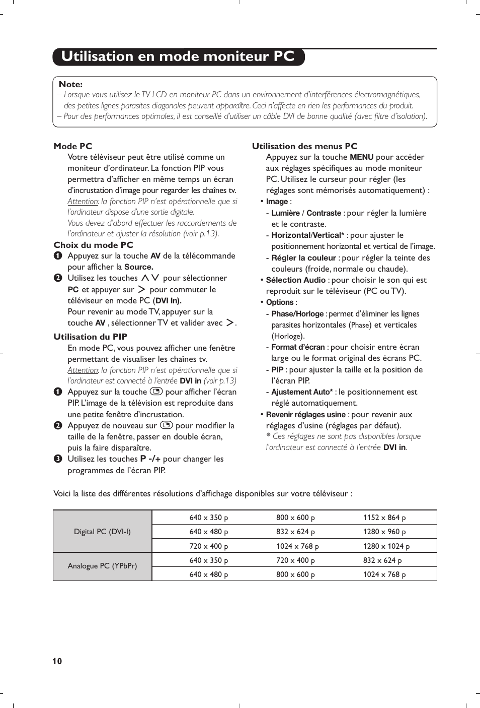 Utilisation en mode moniteur pc | Philips Téléviseur à écran large User Manual | Page 28 / 62