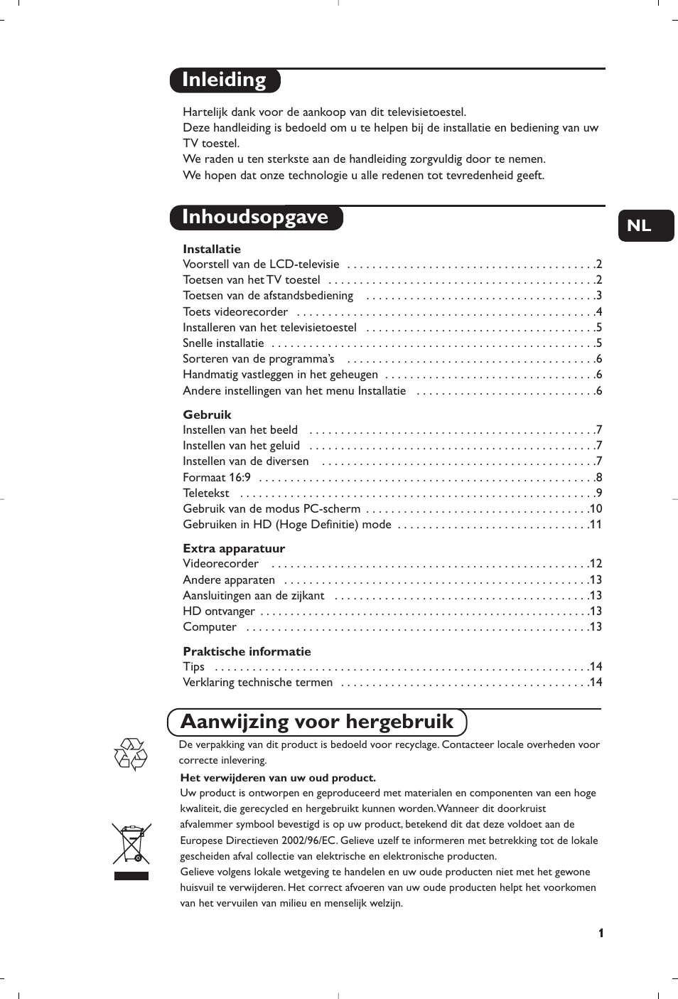 Inleiding inhoudsopgave, Aanwijzing voor hergebruik | Philips Téléviseur à écran large User Manual | Page 33 / 62