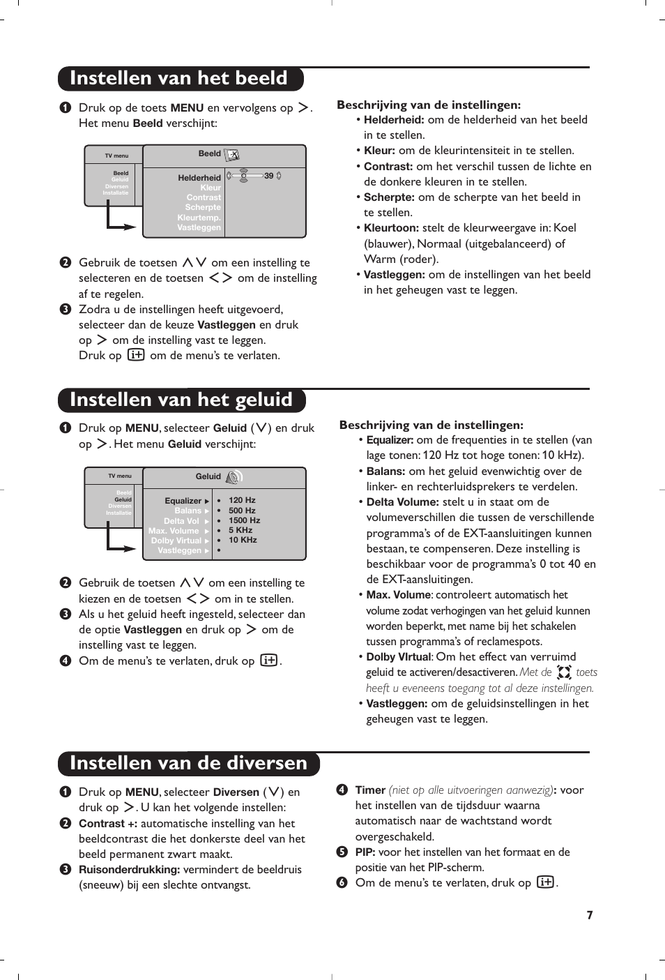Instellen van het beeld instellen van het geluid, Instellen van de diversen | Philips Téléviseur à écran large User Manual | Page 39 / 62