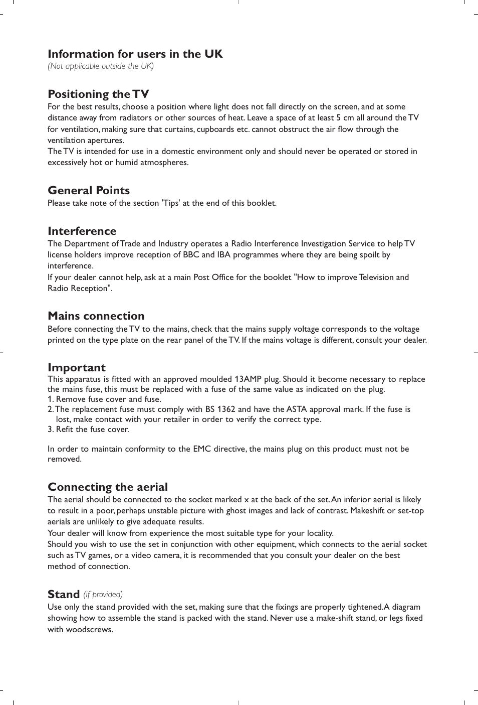 Information for users in the uk, Positioning the tv, General points | Interference, Mains connection, Important, Connecting the aerial, Stand | Philips Téléviseur à écran large User Manual | Page 4 / 62