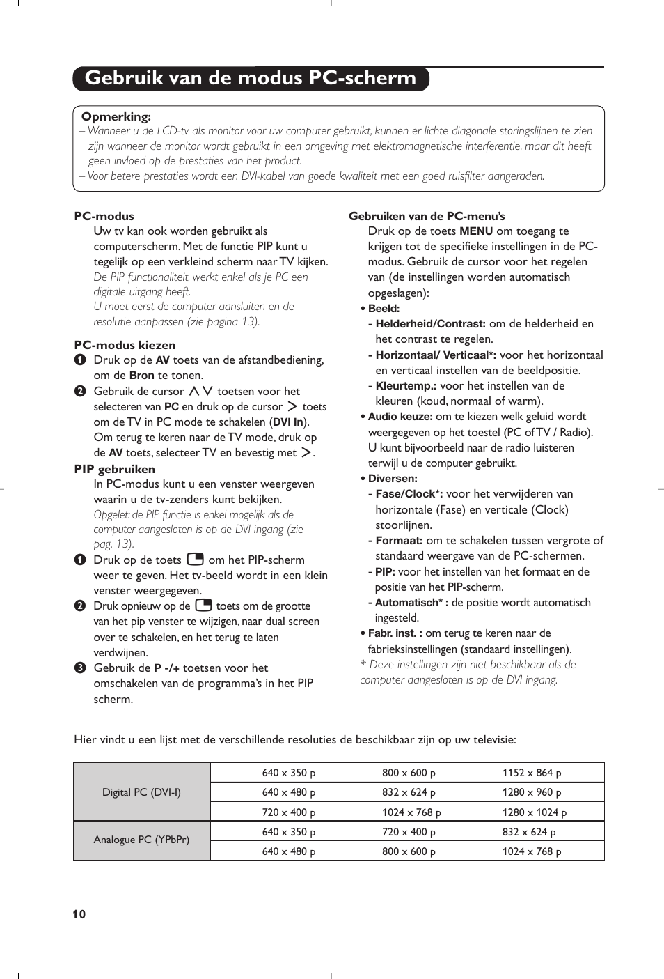 Gebruik van de modus pc-scherm | Philips Téléviseur à écran large User Manual | Page 42 / 62