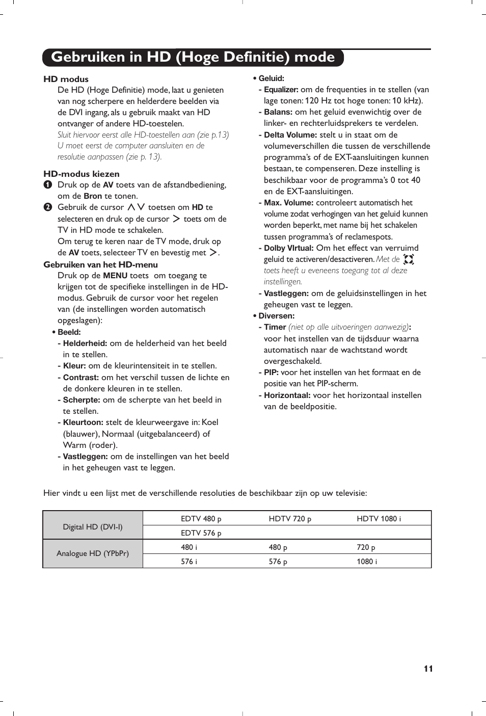 Gebruiken in hd (hoge definitie) mode | Philips Téléviseur à écran large User Manual | Page 43 / 62