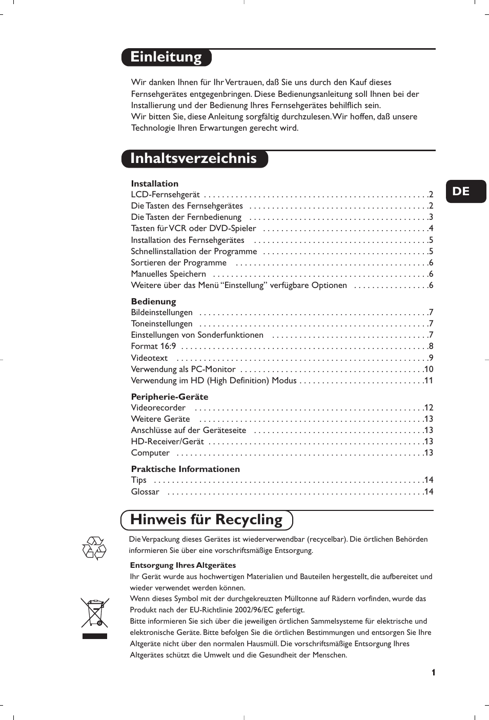 Einleitung inhaltsverzeichnis, Hinweis für recycling | Philips Téléviseur à écran large User Manual | Page 47 / 62