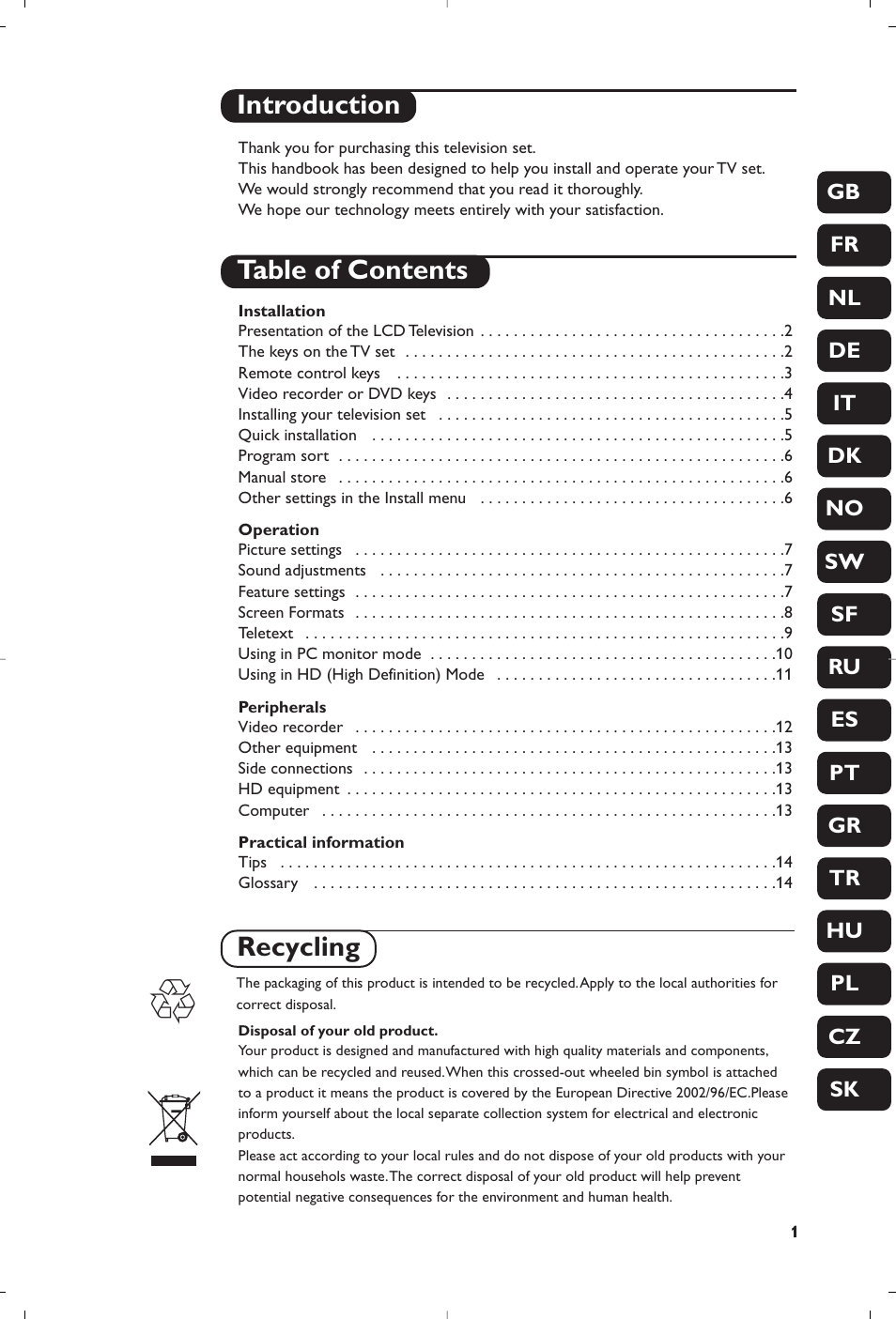 Introduction table of contents, Recycling | Philips Téléviseur à écran large User Manual | Page 5 / 62