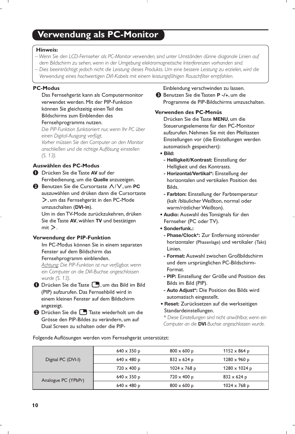 Verwendung als pc-monitor | Philips Téléviseur à écran large User Manual | Page 56 / 62