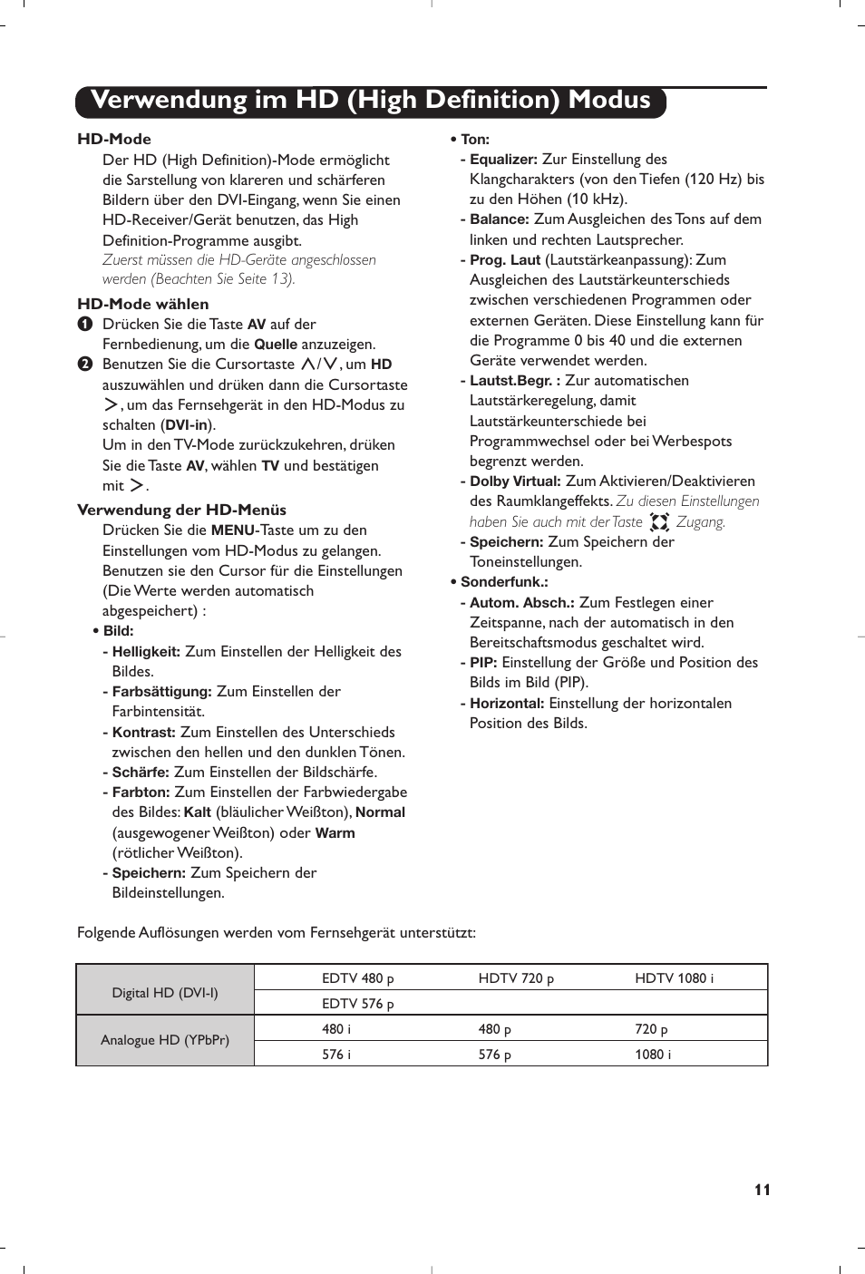 Verwendung im hd (high definition) modus | Philips Téléviseur à écran large User Manual | Page 57 / 62