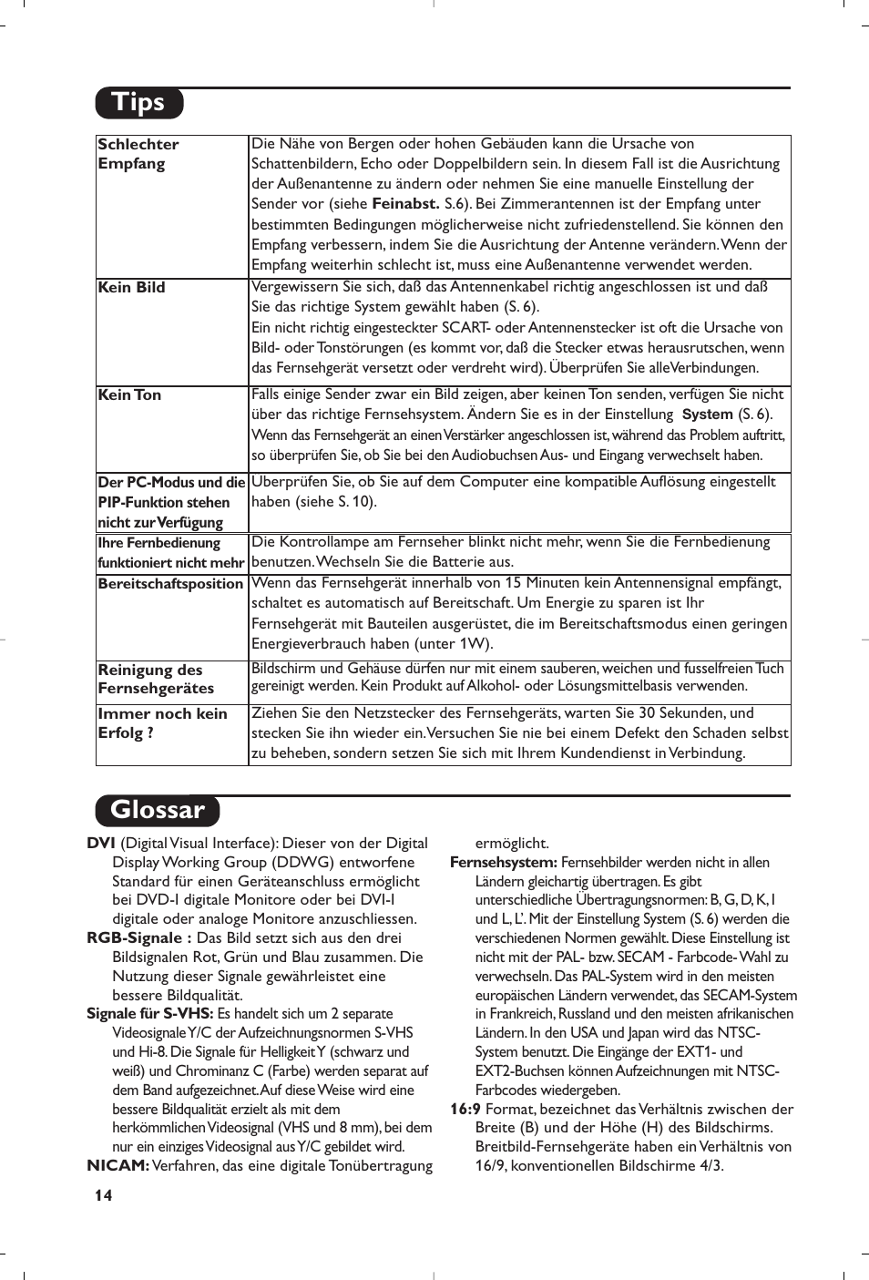 Glossar, Tips | Philips Téléviseur à écran large User Manual | Page 60 / 62
