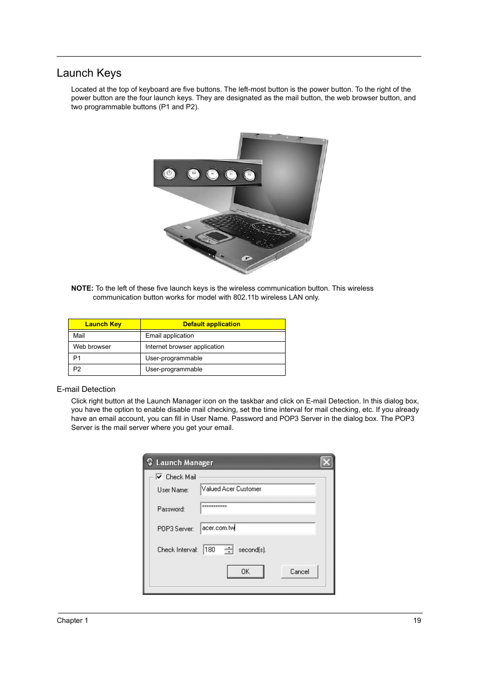 Launch keys | Acer 3000 User Manual | Page 27 / 109