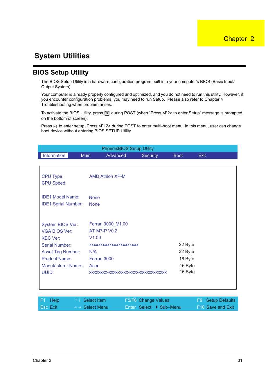 Ch.2 system utilities, Bios setup utility, System utilities | Chapter 2 | Acer 3000 User Manual | Page 39 / 109